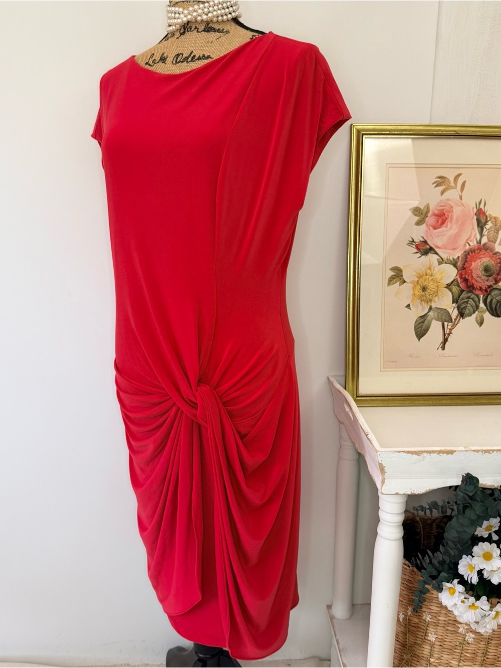 Vintage Lauren Ralph Lauren Red Ruched Midi Dress Sz 14